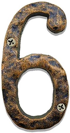 5.5 Inch House Numbers - Solid Cast Iron - Uneven Bronze Finish with Rustic Hammered Appearance - Craftsman Style Address Numbering for Home, Street, Door, Mailbox - Number 6