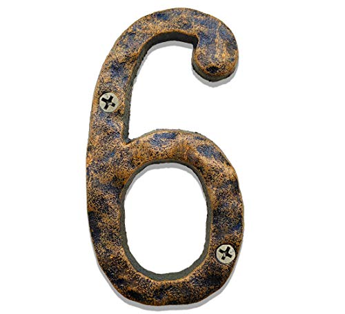 5.5 Inch House Numbers - Solid Cast Iron - Uneven Bronze Finish With Rustic Hammered Appearance - Craftsman Style Address Numbering For Home, Street, Door, Mailbox - Number 6 #TOP30