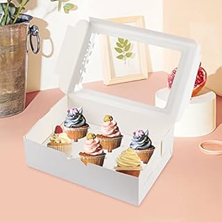 Arnech 10 Pack Cupcake Boxes with Inserts Hold 6 Standard Cupcakes, White Bakery Boxes Food Grade Kraft Cupcake Container for Muffins, Pastries and Cookies