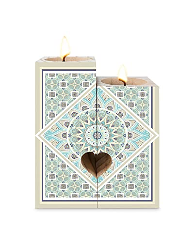 Bohemian Ethnic Tribes Mandala Candle Holder Gifts For Women, Double-Sided Printing Candle Decoration, Retro Geometric Pattern Wooden Candle Holders With 2 Tea Light Candle For Birthday #TOP13