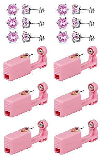 Ear Piercing Kits,Body Piercing Kits,6 Pack Disposable Self Ear Piercing Gun Tool with 5mm Cubic Zirconia Stud Earrings (Pink)