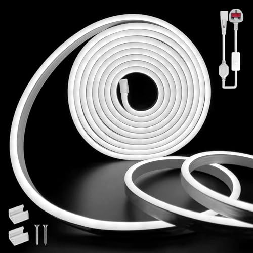 SUCIKORIO Neon Led Strip Light 5m / 16.4ft, Flexible LED Strip Lights Cold White 6000K Cuttable Waterproof IP65 Neon Rope Light 220-240V DIY LEDs Lights with Power Supply for Bedroom, Indoor & Outdoor