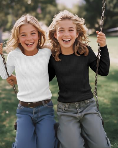 Image of 4 Pack Girls Long Sleeve Shirts Ribbed Knit Cotton Crewneck Tops Slim Fit Soft Casual Kids Base Layer Undershirts