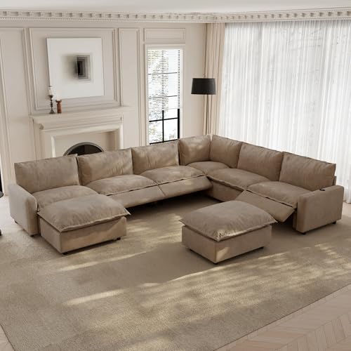 Image of 140.16 inch Power Reclining Sofa with Wireless Charging & Heated Seats,Smart Recliner Sectional Couch,Zero Gravity Recliner Sofa,Deep Seat Cloud Couch for Living Room Home Theater,Khaki,8 Seats