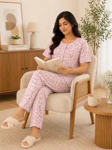Image of KIAWAH Women Printed Night Suit Set, Cotton Blend Night Suit, A-Line Top and Pajama Set, Soft and Breathable Night Wear