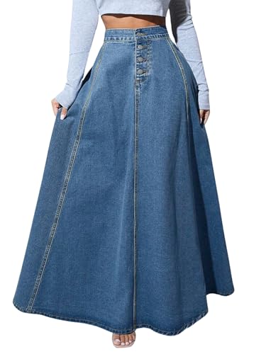 ebossy Women's Retro High Waisted Button Fly Flared Long Jean Skirts Pleated Flowy Swing A-line Denim Maxi Skirts