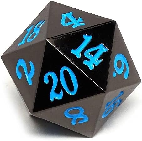 35mm Giant Metal D20 Dice - Solid Metal - Gun Metal Finish with Signature Font (Powder Blue Numbering)