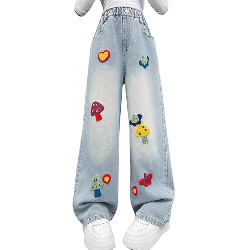 Girl's Baggy Jeans Pants Kids Cute Embroidered Wide Leg Elastic Waist Straight Leg Denim Jeans Pants Joggers 5-16 Years