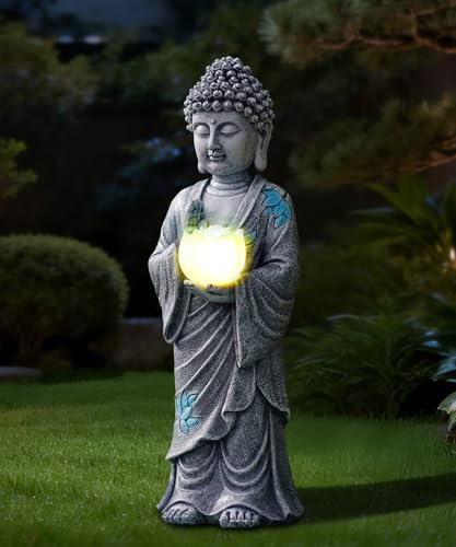 Goodeco Statue de Bouddha solaire avec lumières de lotus bleues – Décoration de jardin zen debout pour terrasse, cour, balcon, décoration de jardin –...