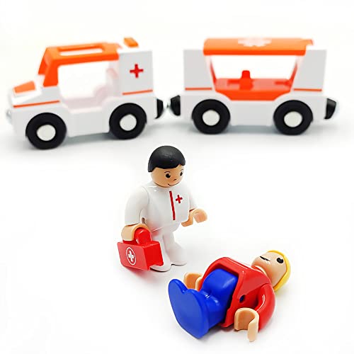 Magnetic Trains Cars Playset Wooden Train Track Accessories Station Wagon Train Set for Toddlers 3-5 Wooden Train Sets for Boys Girls Ages 3-4-7 (Ambulance B (with Light and Sound))