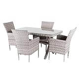 Conjunto Muebles jardín, Mesa 140x80 cm y 4 sillones apilables, Aluminio y rattán sintético Plano Color Gris, 4 plazas, Cristal Templado 5 mm, Juego de sillas y Mesa para jardín, Comedor terraza