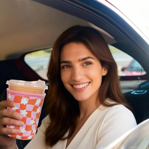 Image of Reusable Insulated Sleeve for Iced Coffee Cup, Coffee Neoprene Sleeve for Cold & Hot Drinks, Beverage Holder for Iced Coffee (Daisy Grid, Small: 16-18oz)