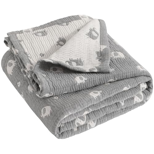 NTBAY 3 Layer Oversized Muslin Toddler Blanket, 45 x 60, Dark Grey Elephant