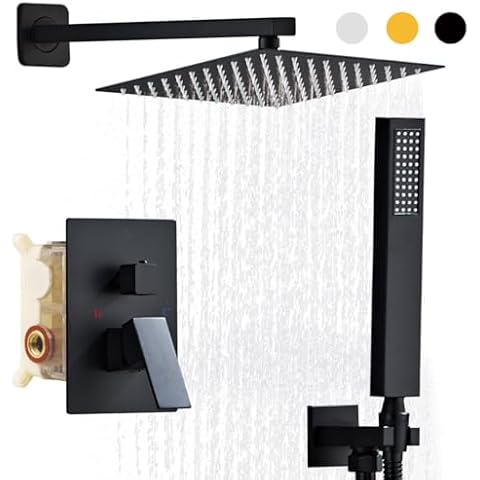 SaniteModar Black Shower Head System 10 Inch Square Rainfall Shower Head with Handheld Shower Vaval and Trim Kit Wall Mounted Shower Faucet Set, Matte Black Shower Head Cover