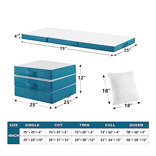 SINWEEK Memory Foam Folding Mattress, 4 Inch Foldable Trifold Mattress Topper, CertiPUR-US Certified Guest Bed with Cooling Cover & Waterproof Lining