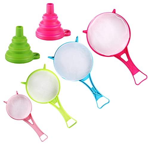 Benbo 4Pcs Plastic Mesh Strainer Colander Set, Food Soy Milk Flour Sieve Long Handle Icing Sugar Sifters Fine Strainer Tea Filter And 2 Pcs Silicone Foldable Funnel For Kitchen #TOP9