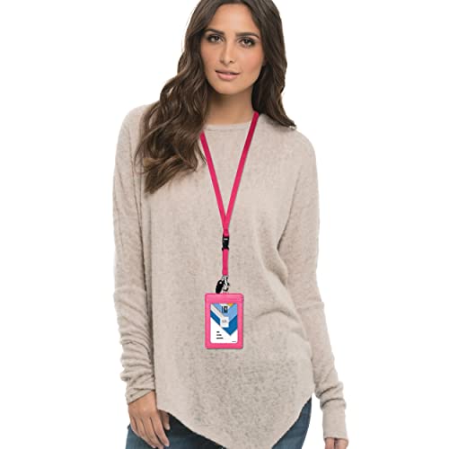 Badge Holder, Wisdompro 2-Sided Pu Leather Id Badge Card Holder Wallet Case With 1 Clear Id Window And 1 Credit Card Slot And 22 Inch Quick Rlease Detachable Neck Lanyard Strap - Hot Pink (Vertical) #TOP5