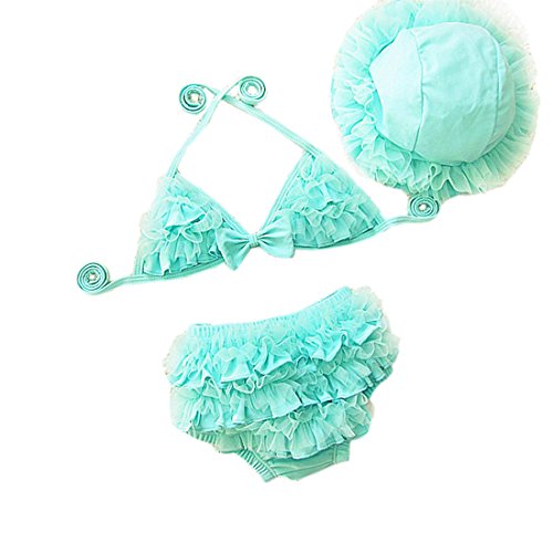 Ding-dong Baby Tollder Kid Girl Summer 3 Pieces Bikini Set with Hat Ruffle Swimwear(Blue, M)