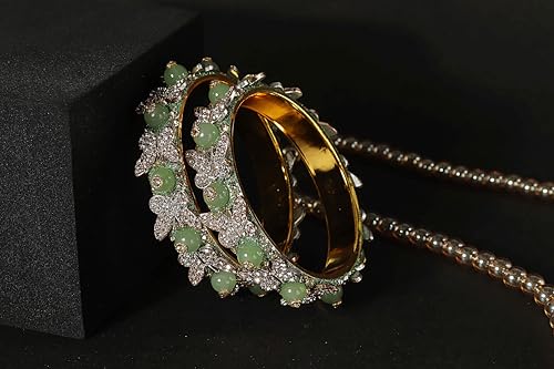 Image of LAVAZZA Stylish Butterfly Design Golden Metal with Zircon Diamond & Pearls Moti Bangles Kada For Women & Girls | Traditional Girl's Bangles Bracelet | Women's Kangan Wedding, Party-Set of 2