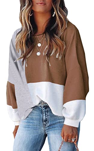 Image of ECOWISH Women Sweater Long Sleeve Color Block Knit Pullover Sweaters Crew Neck Patchwork Casual Loose Jumper Tops