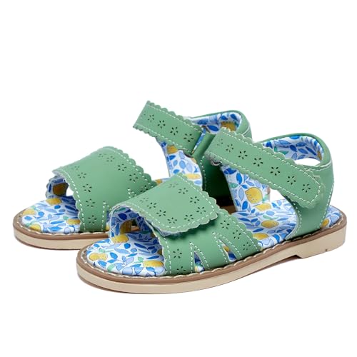 Open Toe Double Button Girl Sandals With Flowers, Summer Breathable Beach Shoes, Genuine Leather Soft Anti Slip Flat Sandals (Girls/Children)