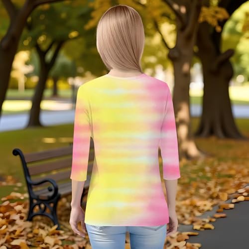 Fall Summer Shirts for Girls Boho Funny 3/4 Length Sleeve Cute Tops Tie Dye Crew Neck 3/4 Sleeve Loose Fit Blouse 20252