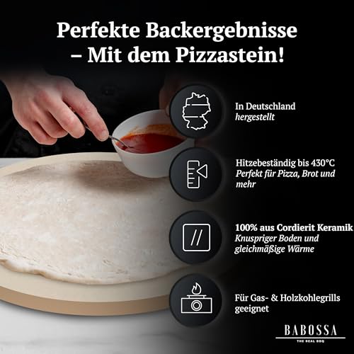 BABOSSA Pizzastein für den Grill | Ø32x3cm – Hochwertiger Cordierit Backstein – Knuspriger Boden, vielseitig geeignet für Pizza, Brot und mehr – Perfekte Ergebnisse und einfach zu Reinigen