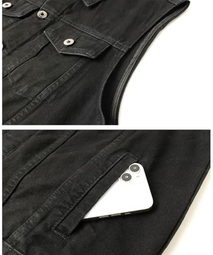 SUSHIMIAN Męska kamizelka dżinsowa na co dzień, vintage, kurtka motocyklowa, kowbojska, jeansowa, kamizelka bez rękawów, kurtka dżinsowa, kamizelka Battle Vests, Czarny, XL