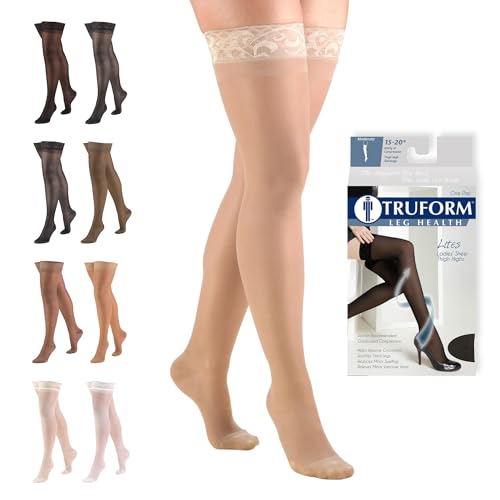 Image of Truform Sheer Compression Stockings, 15-20 mmHg, Women's Thigh High Length, 20 Denier, Nude, Medium