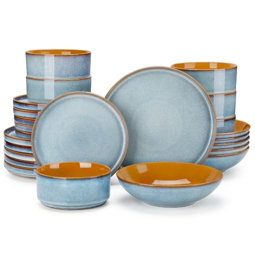 Image of ONION Ceramic Plates and Bowls Sets for 6, 24 Pieces Stoneware Dinnerware Sets for Kitchen, Reactive Glaze Dish Set, Dishwasher and Microwave Safe, Light Blue