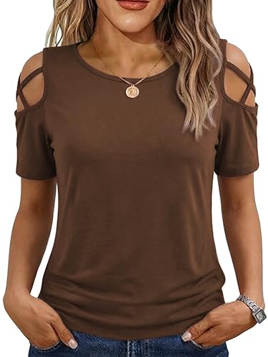 Image of Jar of Love Women's Summer Tops Short Sleeve Cold Shoulder Tops T-Shirts for Women Spring Summer Tops Loose Fit Tunic 2026
