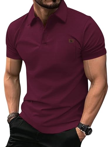 ZITY Mens Waffle Polo Shirts Casual Short Sleeve Texture Polo for Men Moisture Wicking Collared T-Shirt with Pocket Wine red L