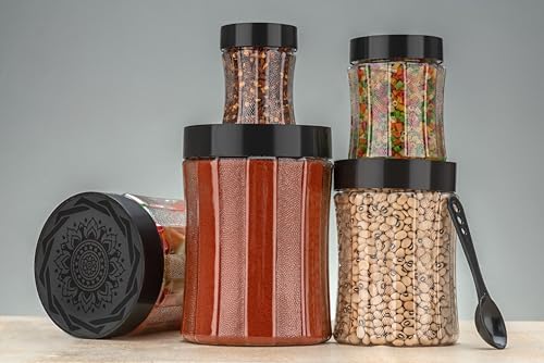 Image of Black Olive Storage Organizer Container Set - Transparent Jar Set for Kitchen with Lids & Spoons, 1200ml, 650ml, 350ml & 250ml Dabba Box for Spices, Snacks, Grocery & Dry Fruits (Black, 12pc)