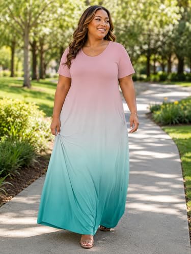 Image of PinkPatty Women's Plus Size Maxi Dresses Short Sleeve Sundress Summer T-Shirt Beach Long Dress with Pockets