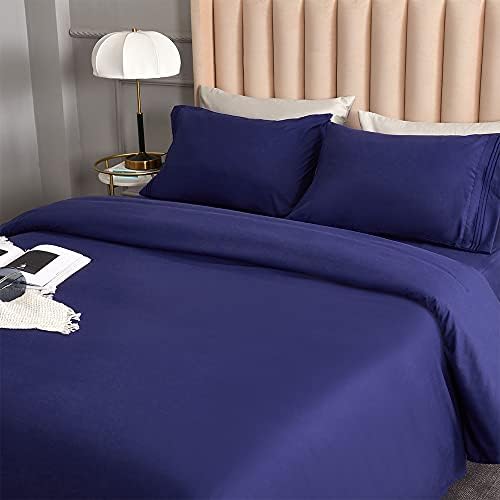 DERBELL Bed Sheet Set - Brushed Microfiber Bedding - Bedding Sheets & Pillowcases - Deep Pockets - Easy Fit - Breathable & Cooling Sheets -4 Piece Queen Blue Set