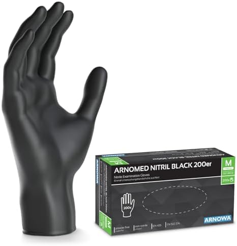 200x ARNOMED® Einweghandschuhe Schwarz, Nitril Handschuhe M | Einmalhandschuhe, Nitrilhandschuhe puderfrei, Gummihandschuhe Einweg, Schutzhandschuhe, Handschuhe Nitril, Putzhandsch