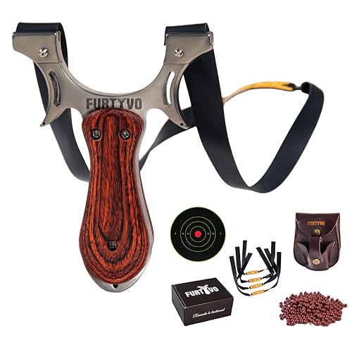 FURTYVO - Tirachinas Clásico, Bolsa de Cuero, 4 Gomas Elásticas, 200 Bolas Munición de Arcilla | Packaging Premium