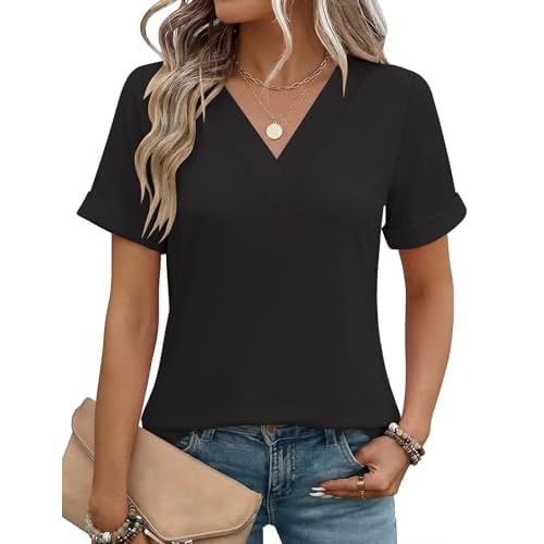 Rapbin T Shirts for Women Short Sleeve V Neck Tshirts Loose Fit Lightweight Soft Casual Summer Spring Tee Tops