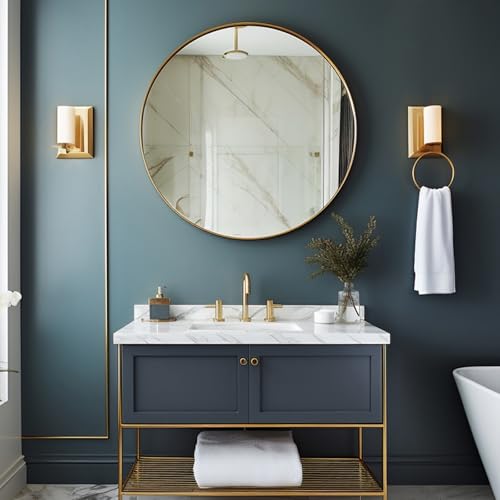Image of Sunniry Round Gold Mirror, 28 inch Round Mirror, Circle Bathroom Mirrors Metal Frame, Wall Mounted Circle Mirrors for Bathroom, Living Room, Hallway, Farmhouse.