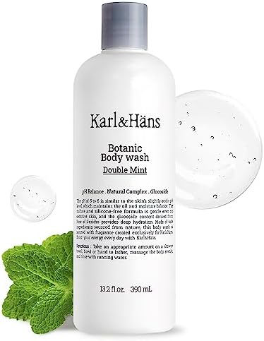 Karl&Hans Botanic Double Mint Body Wash - Organic,Natural Shower Gel with Peppermint,Flower Extracts,Moisturizing,Skin-Friendly for Men and Women,Sulfate and Silicone-Free, 13.2 fl oz