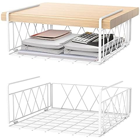 Lekind Under Shelf Storage Basket, 2 Pack Undershelf Mulitpurpose Basket Hanging Metal Wire Storage Basket Organizer for Kitchen, Pantry, Office, Desk, Bathroom, Cabinet (White) Cover