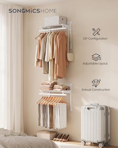 SONGMICS HOME Closet System, Closet Insert Organizer, 2-4 ft, Adjustable Metal Shelving Unit with 2 Hanging Rods, 2 Shelves, and Hooks, for Pantry Mudroom Garage Basement, Cloud White URGR030W01 - Image 3