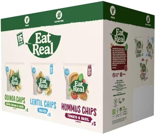 Eat Real Quinoa (Sour Cream & Chive), Lentil (Salted) & Hummus (Tomato & Basil) Crisps Variety Box Pack 15 Mix Vegan & Healthy Snacks of Chips