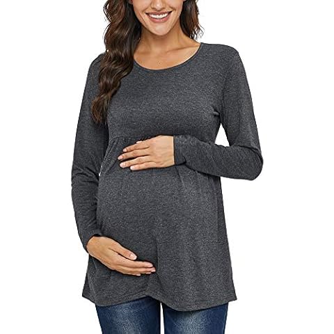 Jezero Maternity Tunic Top Long Sleeve Dress Shirt Clothes for Women Side Ruching Round Neck Pregnancy Top Straps Dark Grey Cover