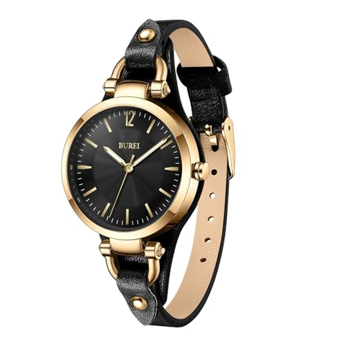 BUREI Uhr Demen Elegante Lederarmband Armbanduhr Damen Klassisch Analog Quarz Damenuhr Geschenke für Frauen (Gold-schwarz)