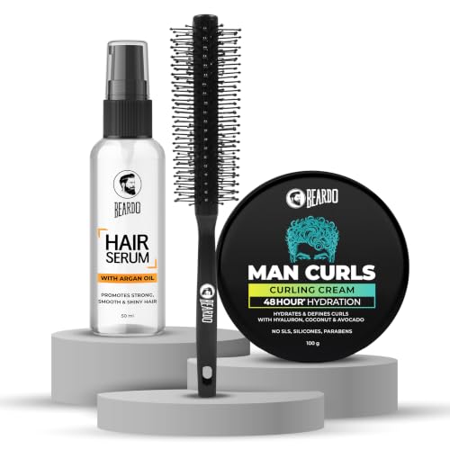 Image of Beardo Man Curls Styling & Grooming Kit for Men: Curling Cream (100g), Hair Serum (50ml) & Roller Brush - 3-Step Routine for Defined, Frizz-Free Curls & Shine (Set of 3)