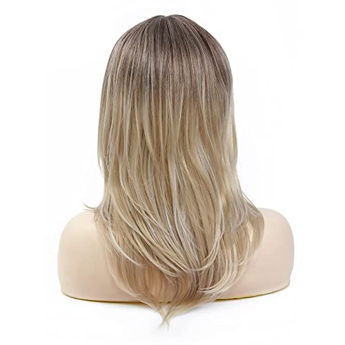 Lady Ombre Blonde Wig With Dark Roots Bangs Shoulder Length Ombre Blonde Synthetic Hair Wigs for White Women