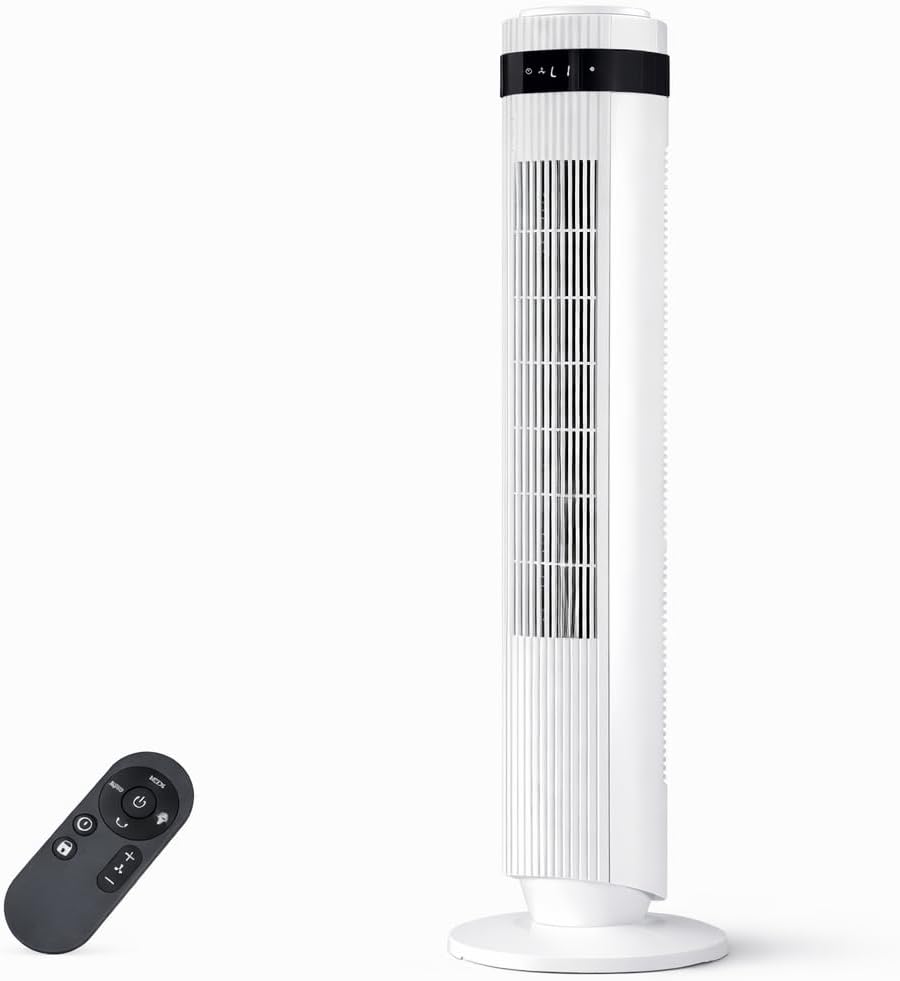 41" Bladeless Tower Fan with Air Filter, 80° Oscillating Standing Fan with Remote Control, 8 Speed Settings, 8H Timer, LED Display Quiet Cooling Fan for Bedroom, Living Room, Office,Blue/White