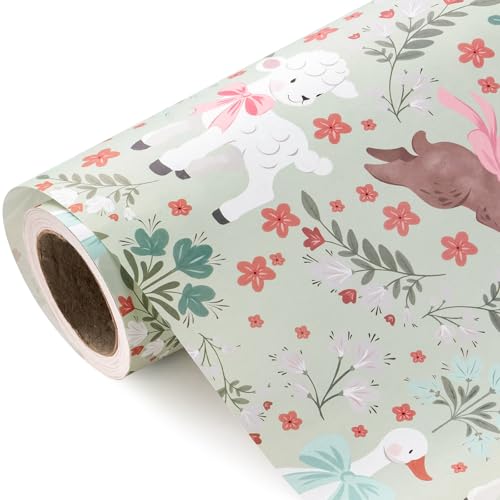 WRAPAHOLIC Kraft Easter Wrapping Paper Roll - Mini Roll - 17 Inch x 33 Feet - Bunny, Sheep, Goose with Bow Wrapping Paper Perfect for Easter, Baby Shower, Party