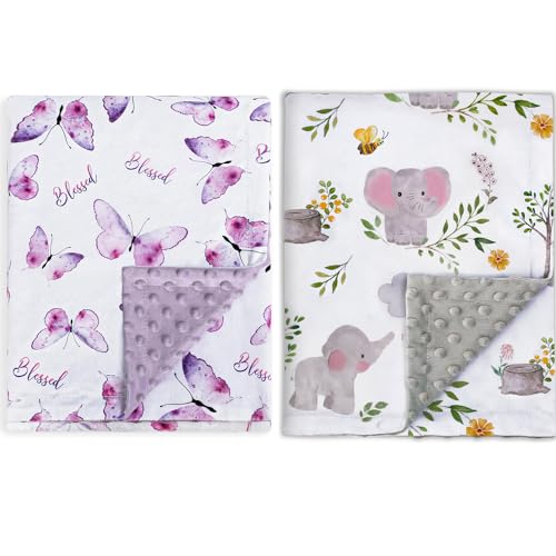 Image of 2 PackBaby Blanket for Girls Soft Plush Minky Fabric, Double Layer Dotted Backing with Elegant Purple Butterfly Printed Blessed Blanket Gift for Toddler Newborn Infant 30 x 40 Inch